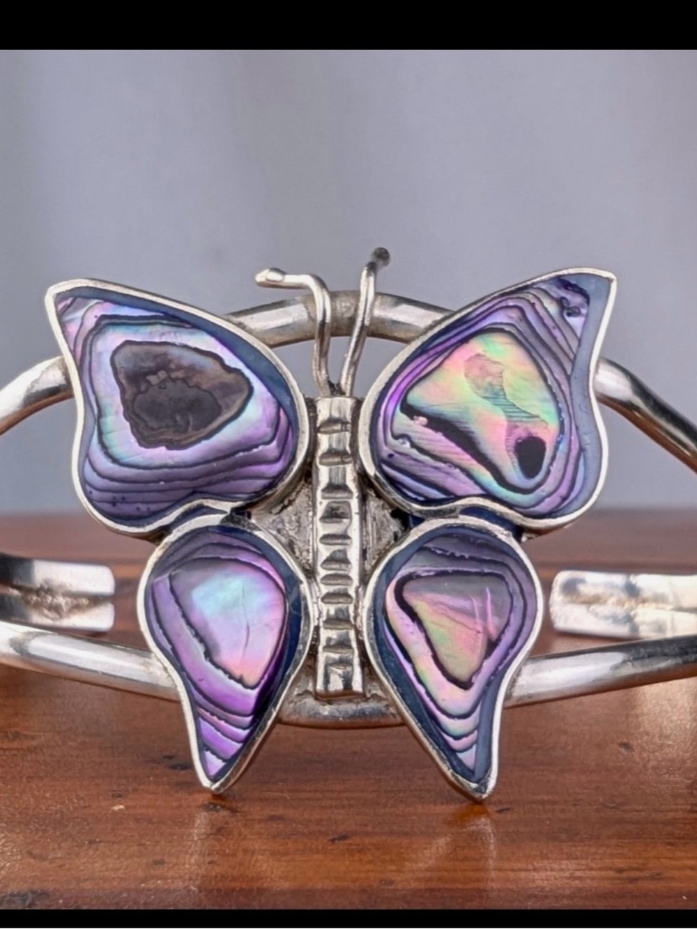 Silver Butterfly Abalone Cuff Bracelet - Purple Iridescent